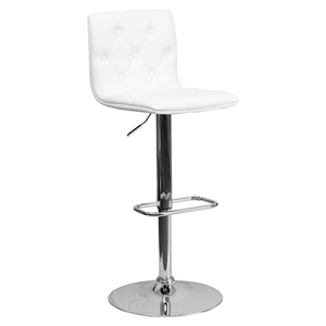 Faux Leather Barstool - White, Button Tufted, Adjustable Height 