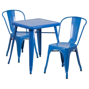 3 Pieces Square Metal Table Set - Stack Chairs, Blue 