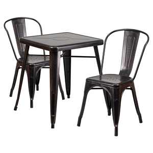 3 Pieces Square Metal Table Set - Stack Chairs, Black and Antique Gold 