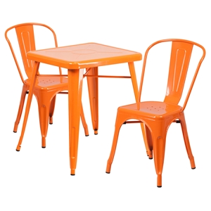 3 Pieces Square Metal Table Set - Stack Chairs, Orange 