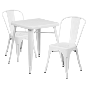 3 Pieces Square Metal Table Set - Stack Chairs, White 