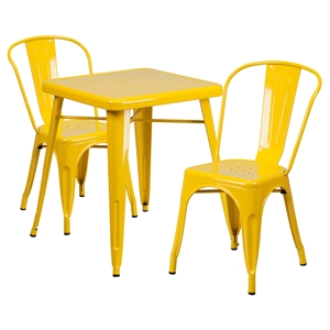 3 Pieces Square Metal Table Set - Stack Chairs, Yellow 
