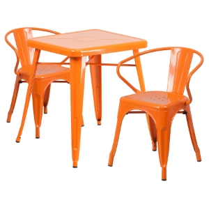 3 Pieces Square Metal Table Set - Arm Chairs, Orange 