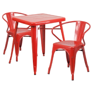 3 Pieces Square Metal Table Set - Arm Chairs, Red 