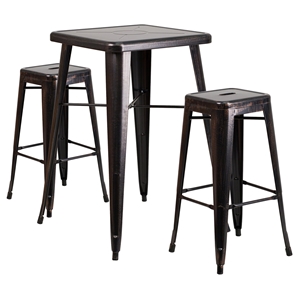 3 Pieces Square Metal Bar Set - Black and Antique Gold, Backless Barstools 