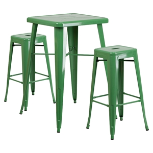 3 Pieces 23.75" Square Metal Bar Set - Green, Backless Barstools 