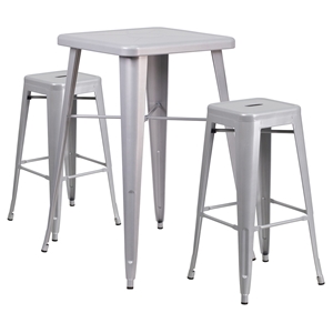 3 Pieces Square Metal Bar Set - Silver, Backless Barstools 