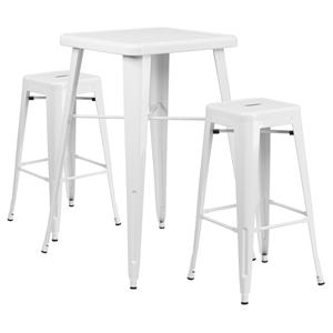 3 Pieces Square Metal Bar Set - White, Backless Barstools 