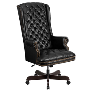 Leather Executive Swivel Office Chair - High Back, Button Tufted, Black 