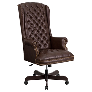 Leather Executive Swivel Office Chair - High Back, Button Tufted, Brown 