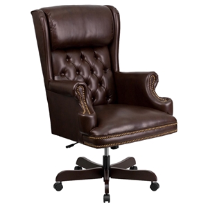 Leather Executive Swivel Office Chair - High Back, Nailhead, Brown 