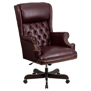 Leather Executive Swivel Office Chair - High Back, Nailhead, Burgundy 