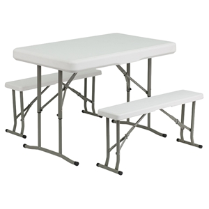Plastic Folding Table and 2 Benches - White 