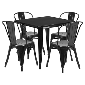 5 Pieces Square Metal Table Set - Stack Chairs, Black 