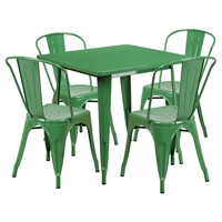 5 Pieces Square Metal Table Set - Stack Chairs, Green