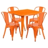 5 Pieces Square Metal Table Set - Stack Chairs, Orange - FLSH-ET-CT002-4-30-OR-GG
