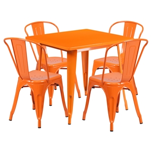 5 Pieces Square Metal Table Set - Stack Chairs, Orange 