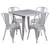 5 Pieces Square Metal Table Set - Stack Chairs, Silver - FLSH-ET-CT002-4-30-SIL-GG