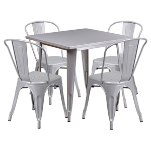 5 Pieces Square Metal Table Set - Stack Chairs, Silver 