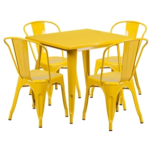 5 Pieces Square Metal Table Set - Stack Chairs, Yellow 