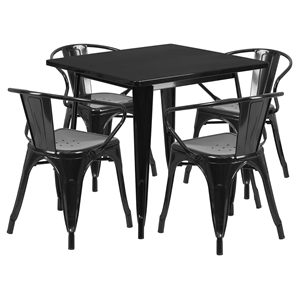 5 Pieces Square Metal Table Set - Arm Chairs, Black 