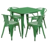 5 Pieces Square Metal Table Set - Arm Chairs, Green - FLSH-ET-CT002-4-70-GN-GG