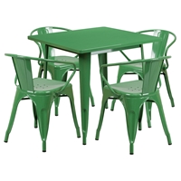 5 Pieces Square Metal Table Set - Arm Chairs, Green