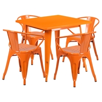 5 Pieces Square Metal Table Set - Arm Chairs, Orange
