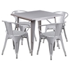 5 Pieces Square Metal Table Set - Arm Chairs, Silver - FLSH-ET-CT002-4-70-SIL-GG