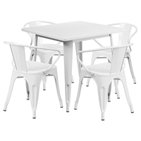 5 Pieces Square Metal Table Set - Arm Chairs, White