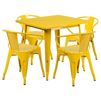 5 Pieces Square Metal Table Set - Arm Chairs, Yellow