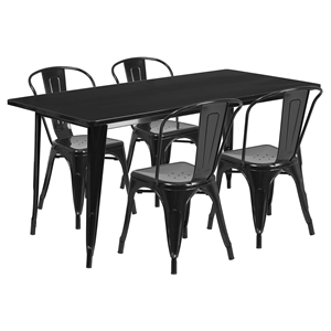 5 Pieces Rectangular Metal Table Set - Stack Chairs, Black 