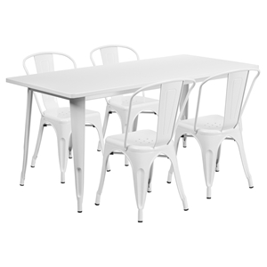 5 Pieces Rectangular Metal Table Set - Stack Chairs, White 