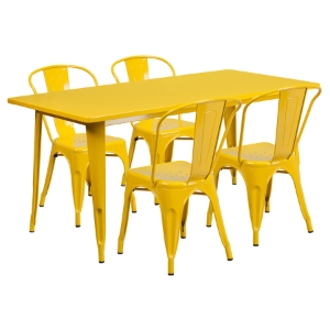 5 Pieces Rectangular Metal Table Set - Stack Chairs, Yellow 