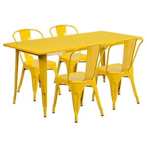 5 Pieces Rectangular Metal Table Set - Stack Chairs, Yellow 