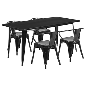 5 Pieces Rectangular Metal Table Set - Arm Chairs, Black 
