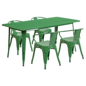 5 Pieces Rectangular Metal Table Set - Arm Chairs, Green 