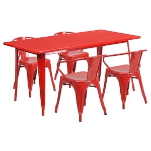 5 Pieces Rectangular Metal Table Set - Arm Chairs, Red 