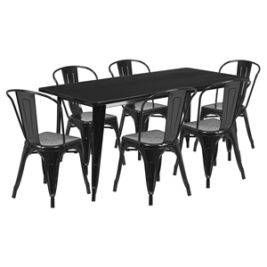 7 Pieces Rectangular Metal Table Set - Stack Chairs, Black 