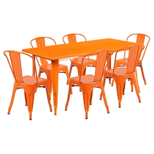 7 Pieces Rectangular Metal Table Set - Stack Chairs, Orange 