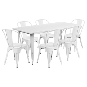 7 Pieces Rectangular Metal Table Set - Stack Chairs, White 