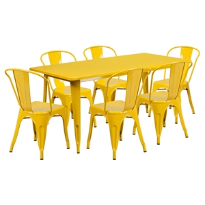 7 Pieces Rectangular Metal Table Set - Stack Chairs, Yellow 