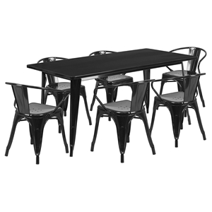 7 Pieces Rectangular Metal Table Set - Arm Chairs, Black 