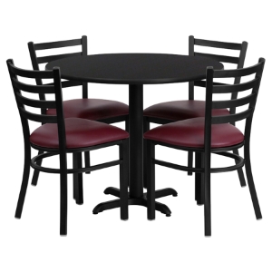 5 Pieces Round Table Set - Burgundy Seat, Black Top 