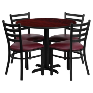 5 Pieces Round Table Set - Burgundy Seat, Mahogany Top 