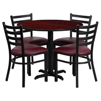 5 Pieces Round Table Set - Burgundy Seat, Mahogany Top