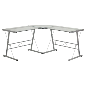 Glass L-Shape Computer Desk - Clear, Silver Frame 