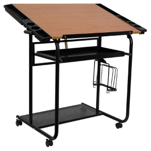 Adjustable Drawing and Drafting Table - Black Frame, Dual Wheel Casters 