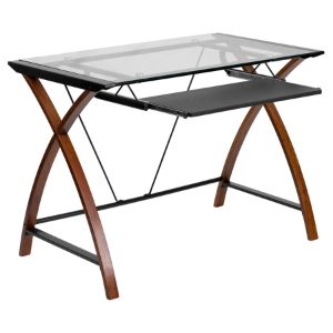Glass Computer Desk - Pull-Out Keyboard Tray, Clear 