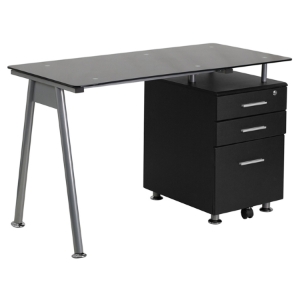 Computer Desk - Glass Top, 3 Drawers, Black 